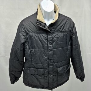 Lands' End Black Quilted Puffer Jacket Sherpa Collar Size Large Petite Women